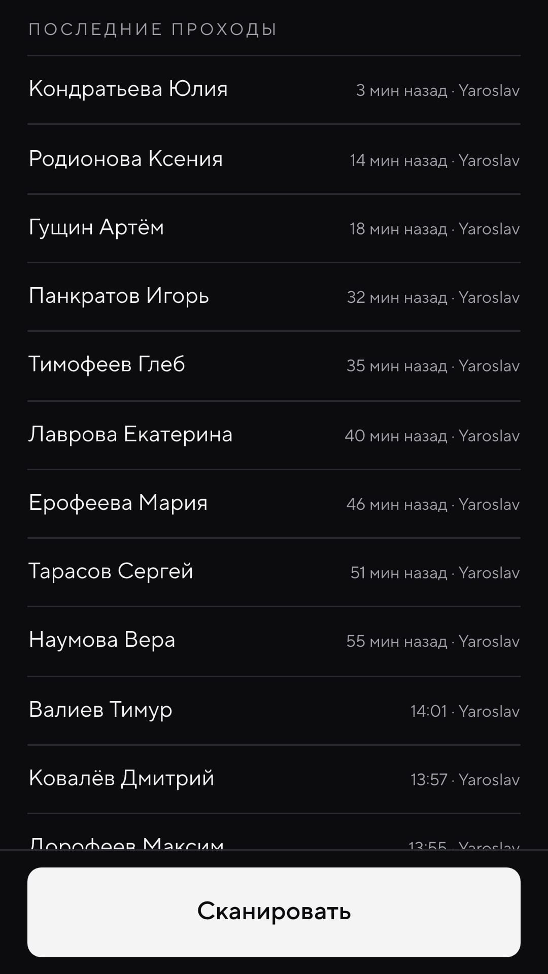 Лента последних проходов с именами гостей и временем