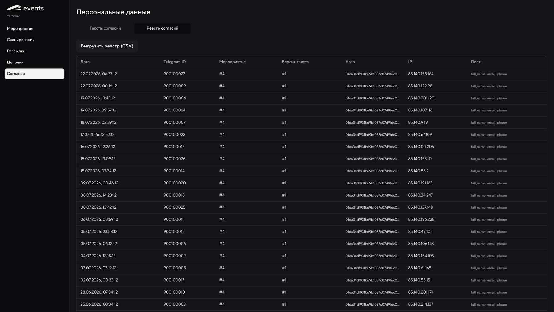 Реестр выданных согласий с версией текста и временем